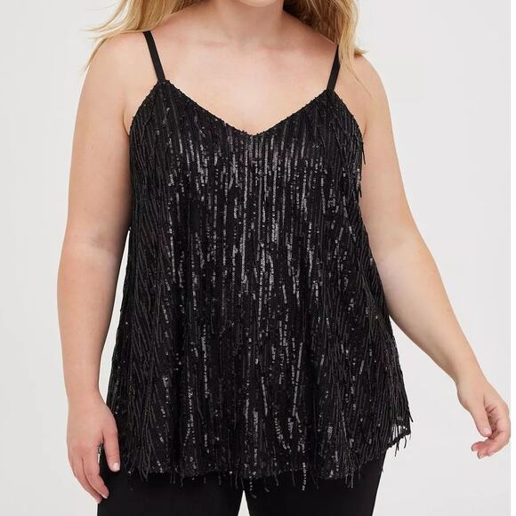 Torrid 4 (4X) Sexy Sophie Black Sequin Fringe Swing Party V-Neck Cami Tank Top - Picture 2 of 3
